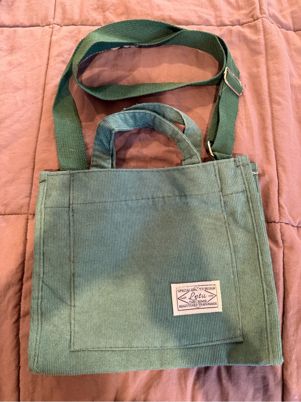 Green corduroy Canvas Tote Bag with Adjustable Strap